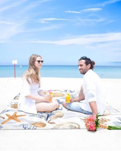 Beach Blanket Sandproof Oversized 118" x 108" Summer Ocean Shell Starfish Waterproof Quick Drying Sand Free Mat Blue Coral Picnic Blankets for Outdoor Travel Camping Hiking Park - color: Blue Yellow, size: 118''x108''