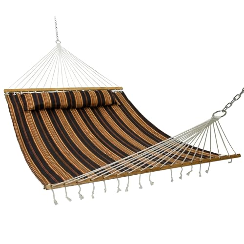 Sunnydaze Quilted Double Hammock for Outside with Spreader Bars and Pillow - 450 lb Capacity, 74x55 Inch Bed, UV Resistant, Quick Dry - Chains Included, Stand Sold Separately - Woodland Stripe - color: Woodland Stripe