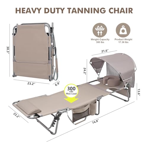 Tanning Chair with Sun Canopy Face Hole Softer Padded Adjustable Washable, Heavy Duty Layout Folding Lounge Chair for Adults Outside Beach Reading Sunbathing Poolside Lawn, UPF 50+ Sun Shade, 300 LBS - color: Beige, size: Standard Size