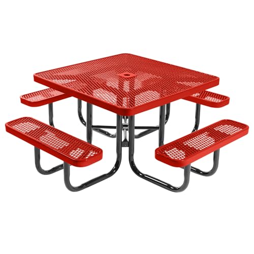 COATEDOUTDOORFURNITURE Heavy-Duty Portable Outdoor Picnic Table with Umbrella Hole, Expanded Metal Commercial-Grade Patio Dining Furniture Made in America (46" Square Top, Red) - color: Red, Expanded Metal, size: 46 In, Square, Expanded Steel