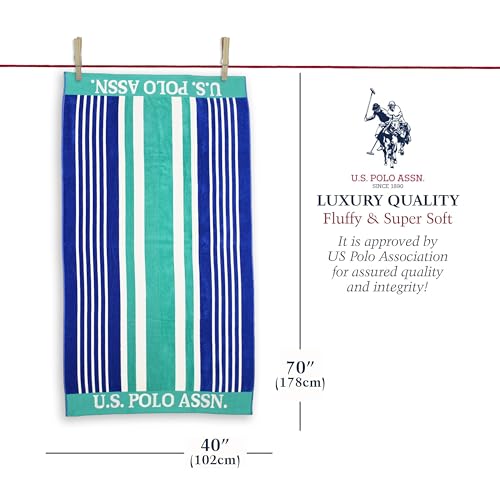 U.S. Polo Assn. Oversized (40” x 70”) Striped Nautical Design Beach Towel - Luxury Plush Cotton Hotel Quality for Bath, Pool - West Coast Green Stripe - color: Green, size: 40" x 70"