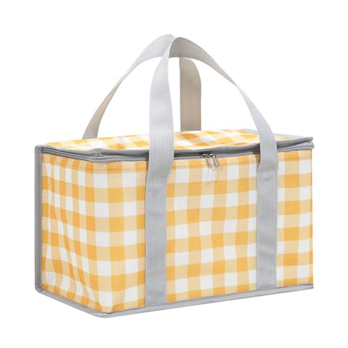 Insulated Picnic Basket, Portable Collapsible Picnic Basket, Leak-Proof Collapsible Cooler Bag with Handles and Zippered Top for Market Shopping Travel Beach - color: Yellow Grid 1
