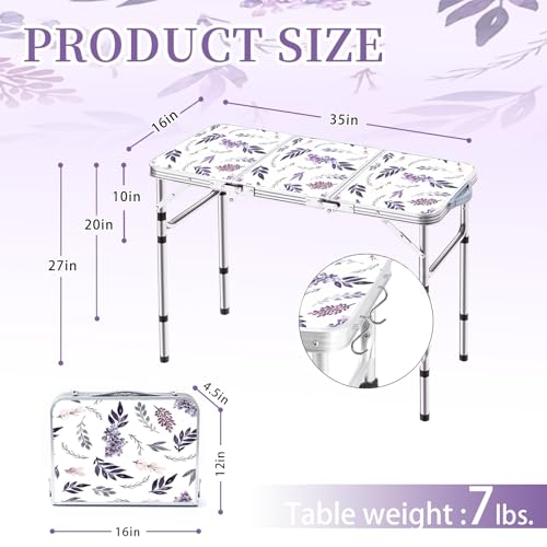Yriuat Folding Camping Table 3ft Portable Pinic Table Adjustable Height Small Card Table Aluminum Foldable Lightweight with Carry Handle for Outdoor Indoor Hiking Camp BBQ Beach (Misty Lilac) - color: Misty Lilac, size: 35"l X 16"w X 27"h