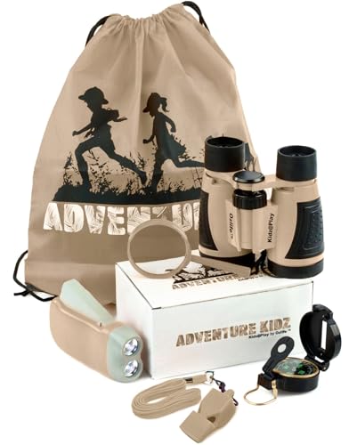 Tan Adventure Kidz Outdoor Exploration Kit, Children’s Binoculars, Flashlight, Compass, Fox Whistle, Magnifying Glass, Backpack. Great Gift Set for STEM, Pretend Play - color: Brown