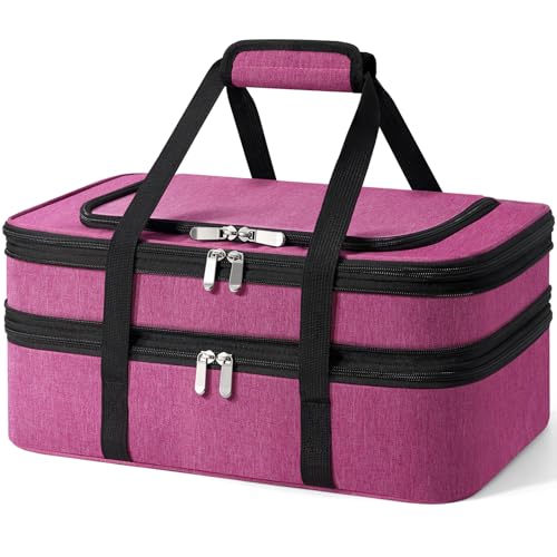 Insulated Double Casserole Carrier - Portable Casserole Carriers for Hot or Cold Food Lunch Tote Warmer or Cooler Bag for Potluck Parties Picnic Cookouts, Fits 9" x 13" Baking Dish - Pink - color: Pink