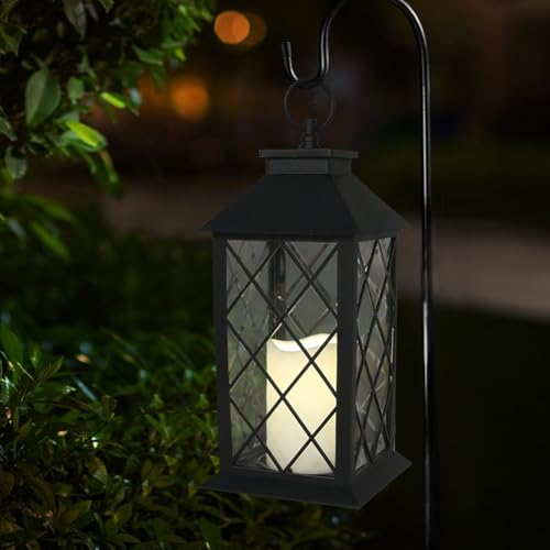 13.5" Black Vintage Candle Lantern with LED Pillar Candle and Timer - IP44 Waterproof Outdoor Decorative Hanging Lantern Porch Light - color: [1-pack] Textured Black Lantern - White Candle