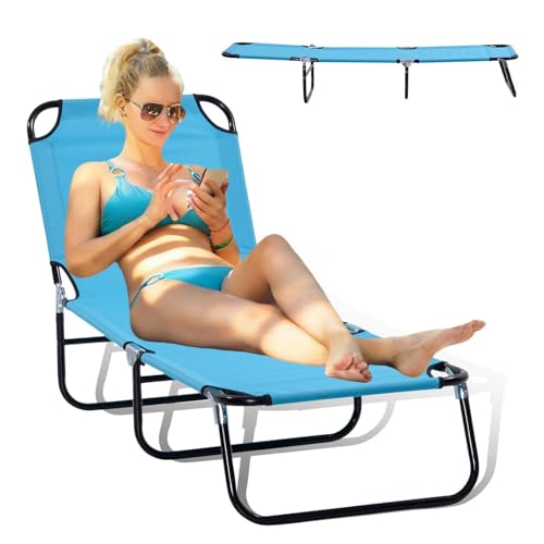 Majnesvon Outdoor Sun Tanning Chairs with 5-Level Reclining Back, Folding Chaise Lounge Pool Chairs with Steel Frame, for Beach, Yard, Patio(Blue 3) - color: Blue 3