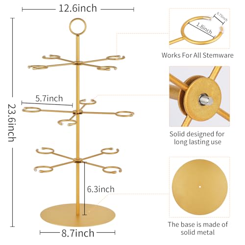 QPIX DIGITAL Champagne Tower,Metal Cocktail Tree Stand 3 Tier - 12 Holders For Champagne, Cocktails, Martini, Margarita Cups at Weddings,Bridal Parties & Events,Cocktail Glass Gold Holder - color: Gold, size: 24"x 13"-12 Holders