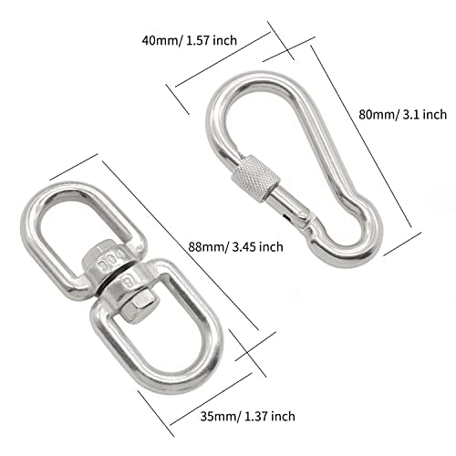 2Pcs M8 304-Stainless Steel Swivel Ring Double Ended Swivel Eye Hook, 2Pcs M8 Spring Hook, for Marine Mooring, Tree Swing, Hammock, Hanging Rotating Device