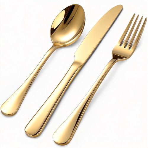60 Piece Gold Silverware Set for 20, 18/0 Stainless Steel Heavy Forks Spoons and Knives Set, Mirror Finish Gold Flatware, Dishwasher Safe for Family Picnics Daily Gatherings - color: Gold