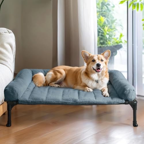 Veehoo Orthopedic Elevated Dog Bed with Fluffy Plush Bolster Cushion, Indoor Raised Dog Beds for Large Dogs, Soft Pet Sofa Cot with Removable Washable Mat, No-Slip Feet, 32 x 25 inches, Haze Blue - color: Haze Blue, size: 32.0"L x 25.0"W x 7.0"Th