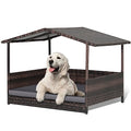 Wicker Dog Bed House, Indoor Outdoor HDPE Rattan Dog Houses, Raised Dog Cot Pet House, Elevated Pets Sofa w/Washable Cover, Waterproof Roof Shelter, Removable Cushion Lounge - style: Grey