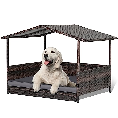 Wicker Dog Bed House, Indoor Outdoor HDPE Rattan Dog Houses, Raised Dog Cot Pet House, Elevated Pets Sofa w/Washable Cover, Waterproof Roof Shelter, Removable Cushion Lounge - style: Grey