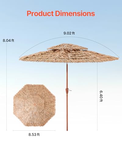 VEVOR Tiki Umbrella Thatched Patio Umbrella with Tilt, Hawaiian Style Beach Parasol with PP Thatch and 8 Metal Ribs, Grass Pool Umbrellas for Beach, Patio, Poolside, Backyard & Garden - size: 8 ft ( 1-Tier )