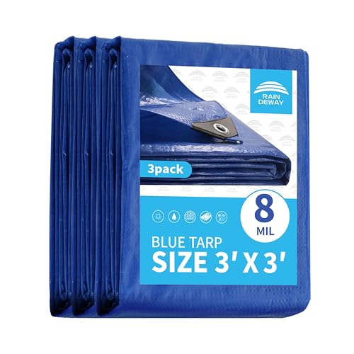 RAINDEWAY Small Tarps 3x3 Feet (3 Pack) 8 Mil, UV Resistant, Durable, Multipurpose Waterproof Poly Tarp Cover with Metal Grommets and Reinforced Edges,Blue Tarp - color: Blue, size: 3x3 Feet (3 Pcs)-Finished Size
