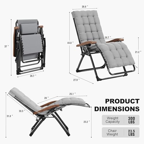 PURPLE LEAF Outdoor Reclining Chair Patio Zero Gravity Pool Lounge Chaise Folding Chair with Removable Cushion Adjustable Headrest for Lawn Camping Beach Grey - color: Grey - 1 Chair, size: Standard – Thick Cushion