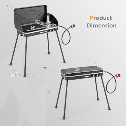 Giantex Portable Propane Grill & Camping Stove, 20,000 BTU Gas Camping Grill Burner, Independent Temperature Control, 3-Sided Wind Guard, Detachable Legs, for BBQ, Tailgating, Outdoor Cooking (Black) - color: Black