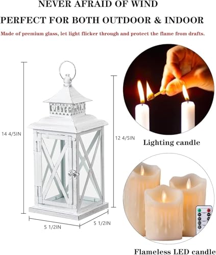 Lantern Decorative Indoor & Outdoor, Large Square Hanging Spring Home Decor, Vintage Metal Decorative Candle Lanterns for Outdoor Patio Wedding Party White with Black Brush - color: White / 14.8'' / 1 Pc