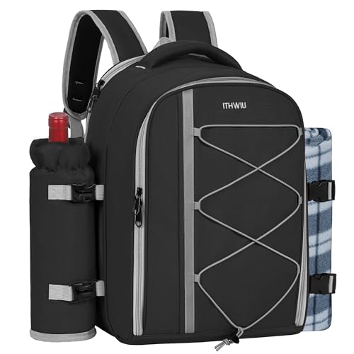 Picnic Backpack for 4 Persons with Insulated Leakproof Cooler Compartment, Cutlery Sets, Wine Holder, Fleece Blanket, Wedding Gifts for Couples, Perfect for Beach, Camping, Hiking, Black - color: Black