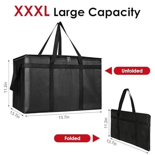 3-Pack XXXL Insulated Bags for Food Delivery with Removable Hard Bottom, Large Capacity & Heavy-Duty Catering Bag, Foldable & Reusable, Grocery Bags for Catering, Shopping, Travel