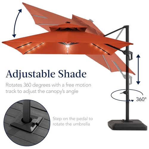 Best Choice Products 9x12ft LED Cantilever Patio Umbrella w/Base Included & 360° Rotation, Large Solar Offset Hanging Outdoor Sun Shade for Deck, Backyard Table w/Stand & Lights – Rust - color: Rust, size: 9x12ft