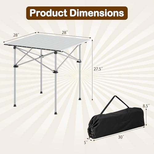 Giantex Folding Roll-up Camping Table, Outdoor Lightweight Aluminium Table for 4, Portable Square Table with Carry Bag for Picnic, Hiking, BBQ, Beach, Tailgating (28"x28"x27.5",Silver) - color: Silver