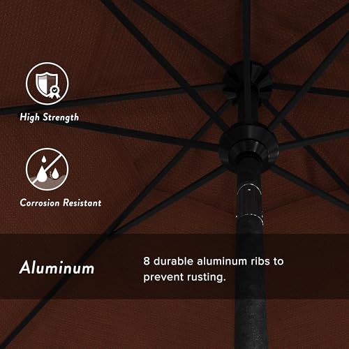 California Umbrella 9' Round Aluminum Market Umbrella, Crank Lift, Push Button Tilt, Black Pole, Terracotta Olefin - color: Terracotta