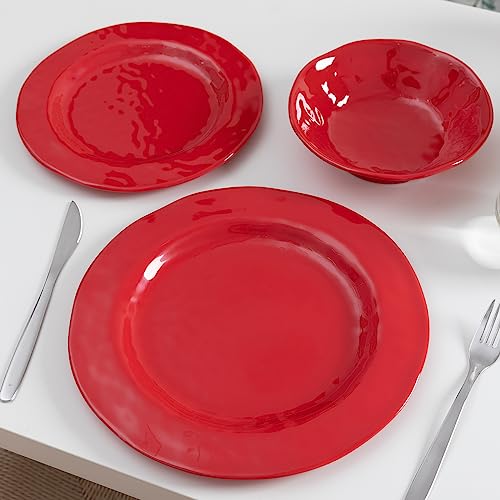 LEHAHA Red Melamine Dinnerware Sets, 18-Piece Melamine Dishes Set, Lightweight and Chip Resistant, Durable Plates and Bowls Set, Safe for Daily Use, Dishwasher Safe, Service for 6 - color: Red