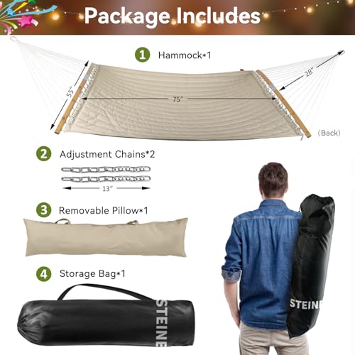 Double Hammock, 11 FT Quilted Fabric 2 Person Hammock for Outside with Pillow, Folding Curved Spreader Bar, Chains, Carrying Bag, Indoor Outdoor, 450 IB Capacity, Aqua Green - color: Aqua Green