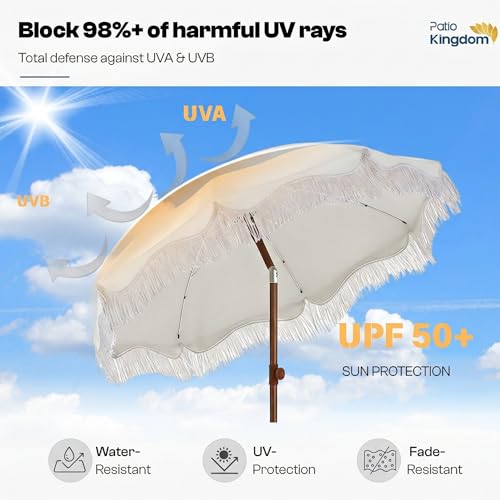 7ft Patio Umbrella with Fringe, Boho Beach Umbrellas, Outdoor Tassels Umbrellas with Push Button Tilt & Carrying Bag, 8 Windproof Fiberglass Ribs, UPF50+ - color: Creamy-white