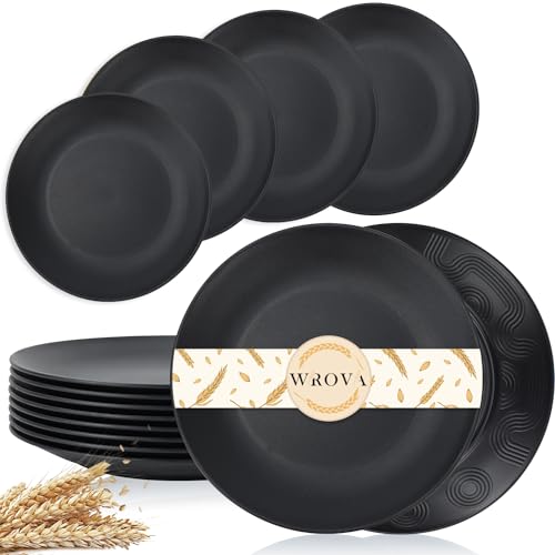 Wrova Wheat Straw Dinner Plates 9 Inch Unbreakable Set of 8 - Dishwasher & Microwave Safe Plastic Plates Reusable - Lightweight Plates for Kitchen,Camping,Apartment,Dorm,RV - Pure Black - color: Black, size: 9 inch