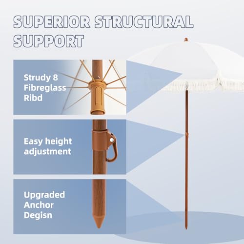 Aoxun 7ft Patio Umbrella with Fringe,Outdoor Beach Umbrella with Aluminum Pole, Ribs Push Button Tilt and Carry Bag, UV 50+ Picnic Tassel Umbrella (White) - color: Cream, size: 7.0 FT