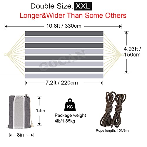 GOCAN Brazilian Double Hammock 2 Person Extra Large Canvas Cotton Hammock for Patio Porch Garden Backyard Lounging Outdoor and Indoor (Gray Stripe) - color: Gray Stripe, size: XX-Large