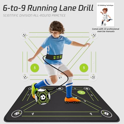 2F22E Soccer Training Mat for Kids & Youth, Non-Slip Silent Footwork Training Equipment with Soccer Bounce Trainer & Socks, Ball Mastery Skills Mat with Instructional Video for Indoor Practice - color: Black-Green