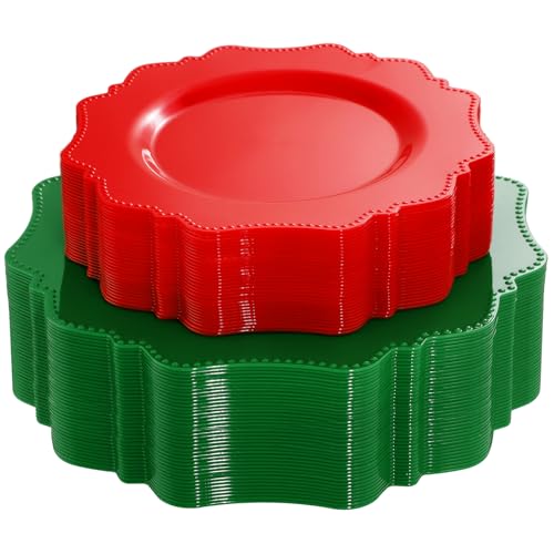 COLOSUS 100pcs Red and Green Plastic Plates, Red and Green Christmas Plastic Plates, Heavy Duty 25 Green/Red Dinner plate 10.5” and 25 Red/Green Salad/Dessert Plate 8.25” suite for Festival - color: Red and Green