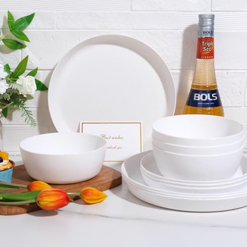 EI 12pcs White Wheat Straw Plates,Wheat Straw Dinnerware Set,Plates and Bowls Sets,Unbreakable Plastic Plate,Plastic Plates Reusable,Dinner Plates Set of 4,Plastic Dishes Set - color: White Wheat Straw Plates and Bowls