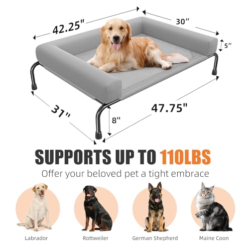 Simple Trending Elevated Dog Bed for Large Dogs, Cooling Raised Dog Cot with Bolsters, Breathable Pet Bed for Outdoor, 47.75" x 31", Grey - color: Grey