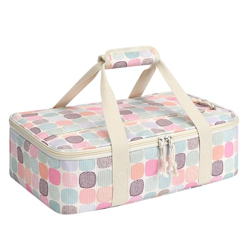 Corduroy Casserole Carrier, Insulated Lasagna Lugger for Hot/Cold Food, Fits 9" x 13" Baking Dish, Thermal Lunch Tote for Potluck & Picnic -Corduroy Colored Grid - color: Corduroy Colored Grid, size: 16x10x4 in