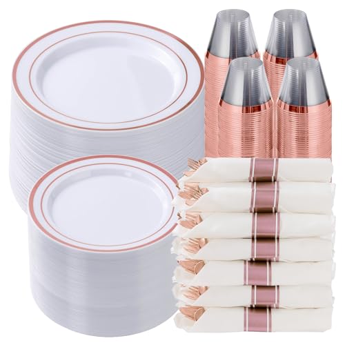 Goodluck 700 Piece Rose Gold Plastic Dinnerware Set for 100 Guests, Disposable Plates for Party, Include: 100 Dinner Plates, 100 Dessert Plates, 100 Pre Rolled Napkins with Silverware, 100 Cups - color: Rose Gold, style: 700 Piece (100 guests)