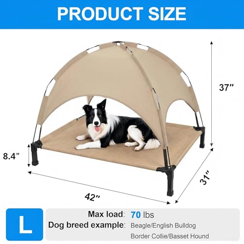 Elevated Dog Bed with Canopy Raised Pet Cot for Large Dogs, Outdoor Dog Cot with Removable Sun Shade Tent, Breathable Mesh Portable Dogs Cot for Camping, Beach, Backyard, Outdoor Use - color: Beige, size: 42.1"L x 31"W x 37"H
