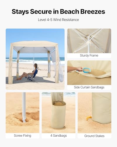 VEVOR Beach Cabana, 8 x 8 ft Beach Canopy with Side Wall, UPF 50+ Protection Easy Setup Cabana Tent with Sand Pockets, Adjustable Height Portable Shade Sun Shelter Umbrella for Family & Friends, Khaki - color: Khaki, size: 8*8