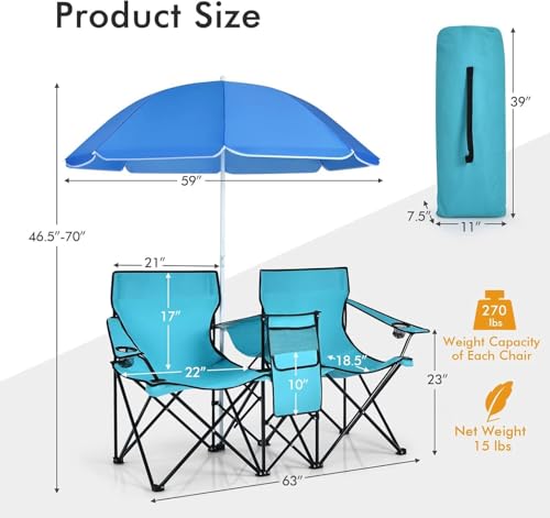 COSTWAY Double Portable Picnic Chairs, Folding Camping Chairs w/Detachable Umbrella, Cooler Bag, Cup Holders, Patio Beach Camping Chairs for Outdoors - color: Turquoise
