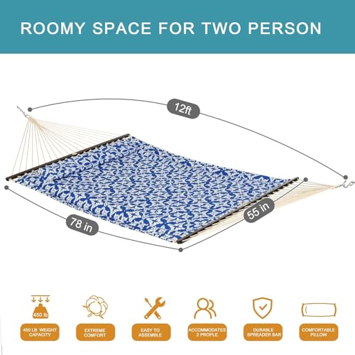Lazy Daze Hammocks 12FT Quilted Fabric Hammock with Soft Pillow, Double 2 Person Tree Hammock with Spreader Bar for Outside Patio Poolside Backyard Beach, 450lbs Capacity - color: Floral Navy