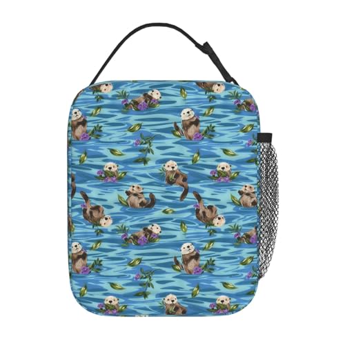 Reusable Sea Otter and Water Lily Lunch Box for Kids Girls Boys Women Adult, Insulated Cute Lunch Bag,Polyester Cooler Handbags Case for School Picnic Work Travel Outdoor Beach or Hiking - color: Otter 03