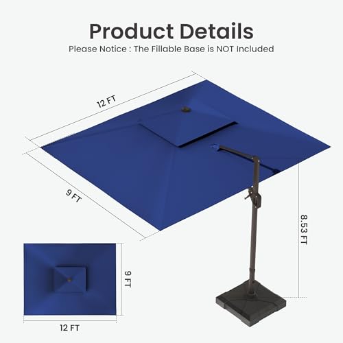 9x12 FT Cantilever Patio Umbrella with Base and Led Lights Double Top Outdoor Rectangular Large Heavy Duty Aluminum Offset Umbrellas with 7 Level Tilt 360-degree Rotation for Pool Garden Deck, Navy - color: Navy, size: 9' X 12'-with Light & Base