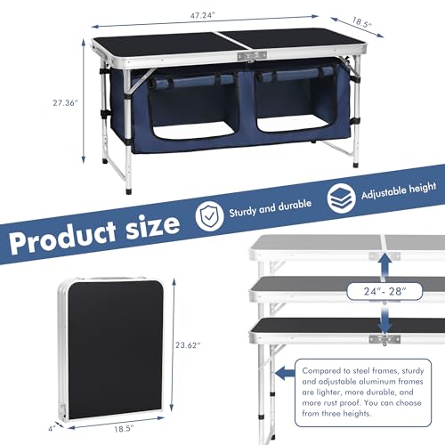 Camp Field Camping Folding Aluminum Table with Adjustable Legs for Outdoor Travel Beach, Backyards, BBQ, Party and Picnic Foldable Table - color: Black