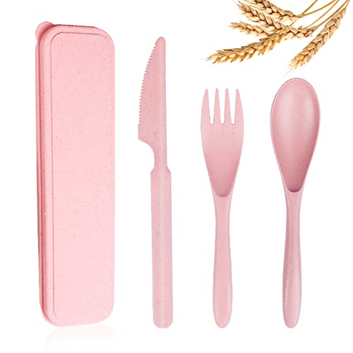 YDYTOP Reusable Travel Utensils Set with Case, Pink Wheat Straw Portable Knife Fork Spoons Tableware, Eco-Friendly BPA Free Cutlery for Kids and Adults as Travel Picnic Camping Utensils - color: 1 Sets - Pink