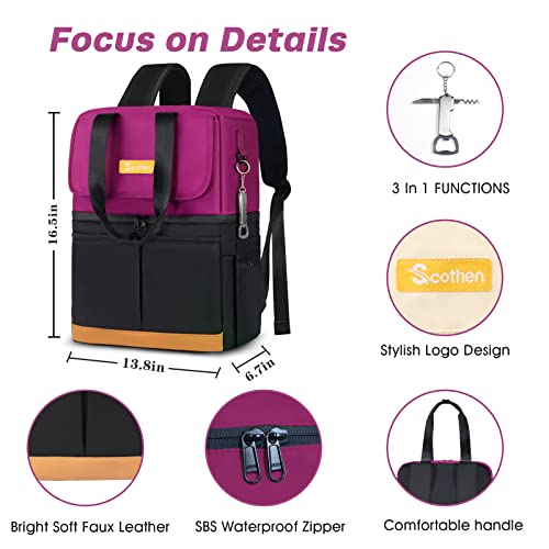 Scothen Backpack Cooler with Double Decker & 12 Ice Packs- Keeps 36 Cans Cold for Up to 24 Hours- Waterproof & Leak Proof Insulated Cooler Backpack- Stylish Cooler Bookbag for Women Travel Work Beach - color: Black Purple