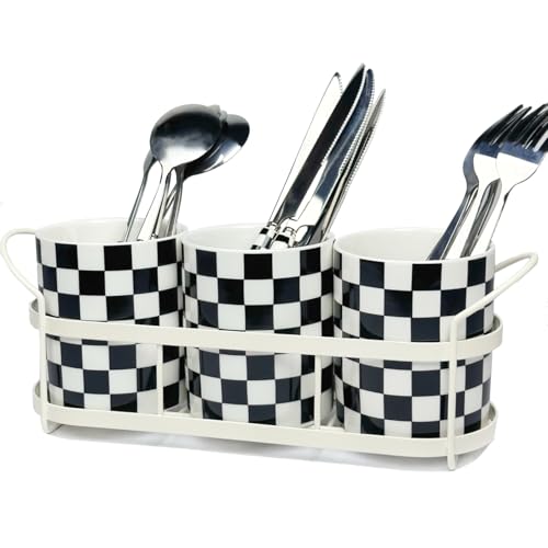 Silverware Caddy Countertop, Utensil Caddy For Party, Cutlery Flatware Organizer Storage, Spoon Fork Holder Basket for Parties Kitchen Coffee Bar Picnic Buffe-Ceramics Black and White Checkered