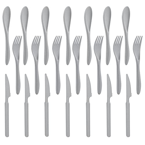 Forks Spoons Knife Set, 21 Pieces Wheat Straw Cutlery Set, Reusable Utensil Set for 7, Unbreakable and Lightweight Utensils for Party, Travel, Work, Lunch, Picnic, Camping or Daily Use (Grey) - color: Gray